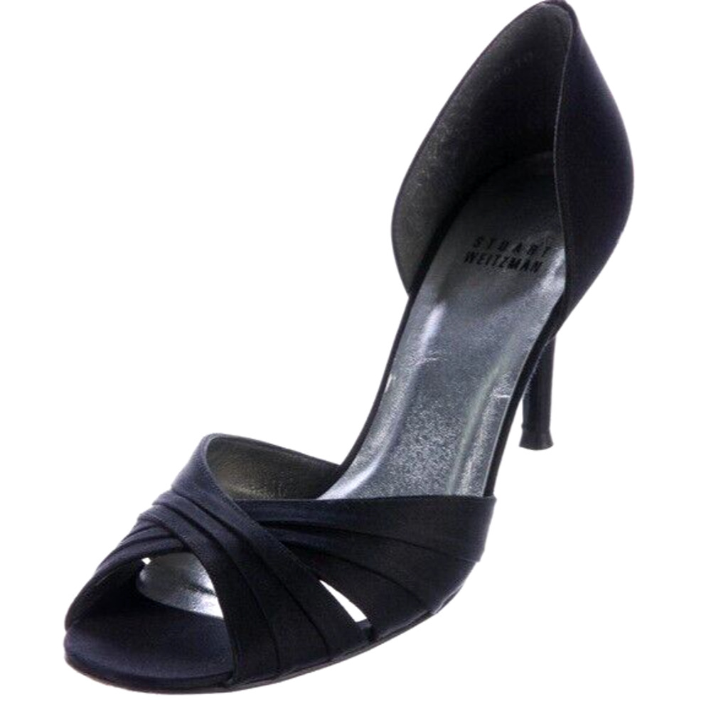 Stuart Weitzman Crissy D'orsay Pump Sandal Black Satin Peep Toe Kitten H…